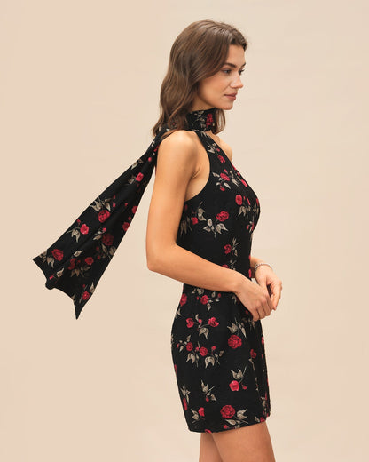 Vestido curto em jacquard com um ombro só, preto
