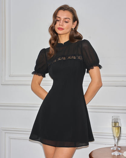 Vestido curto com gola mandarim — Preto