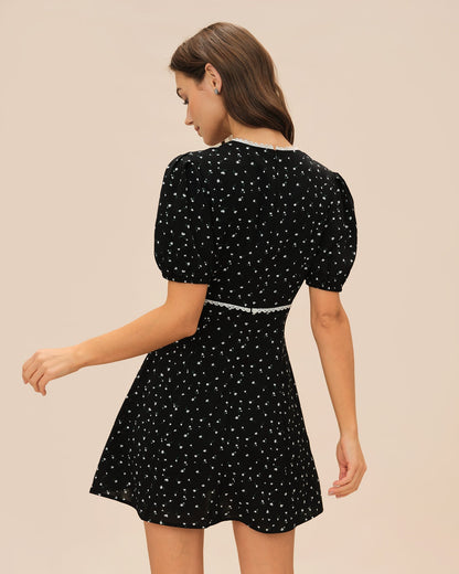 Vestido mini floral de renda com decote em V — Preto