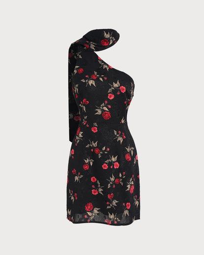 Vestido curto em jacquard com um ombro só, preto