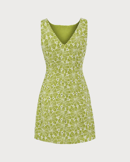 Vestido mini verde com decote canoa e bordado