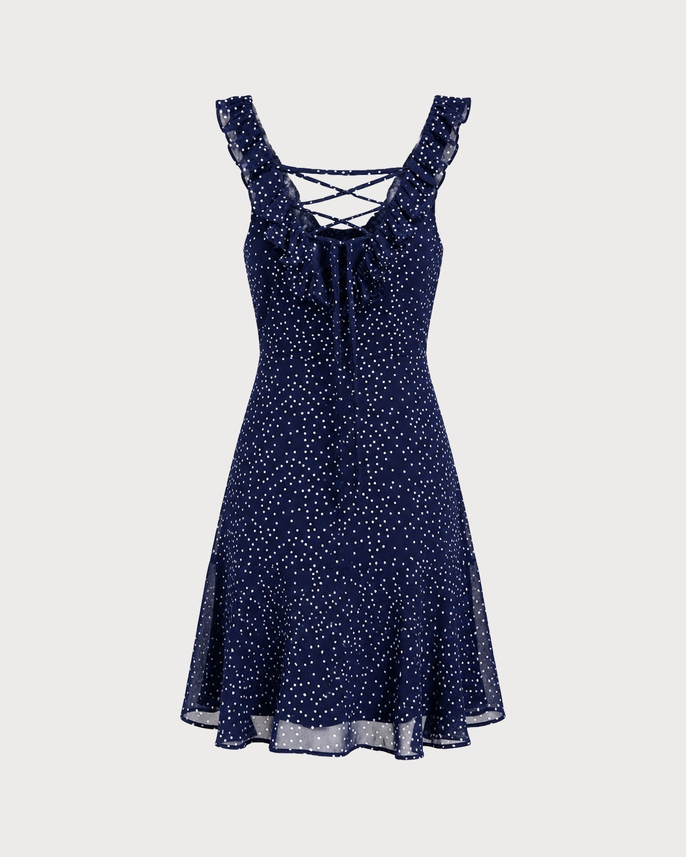 Vestido mini com babados e estampa de poá azul-marinho