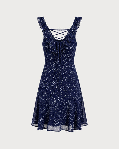 Vestido mini com babados e estampa de poá azul-marinho