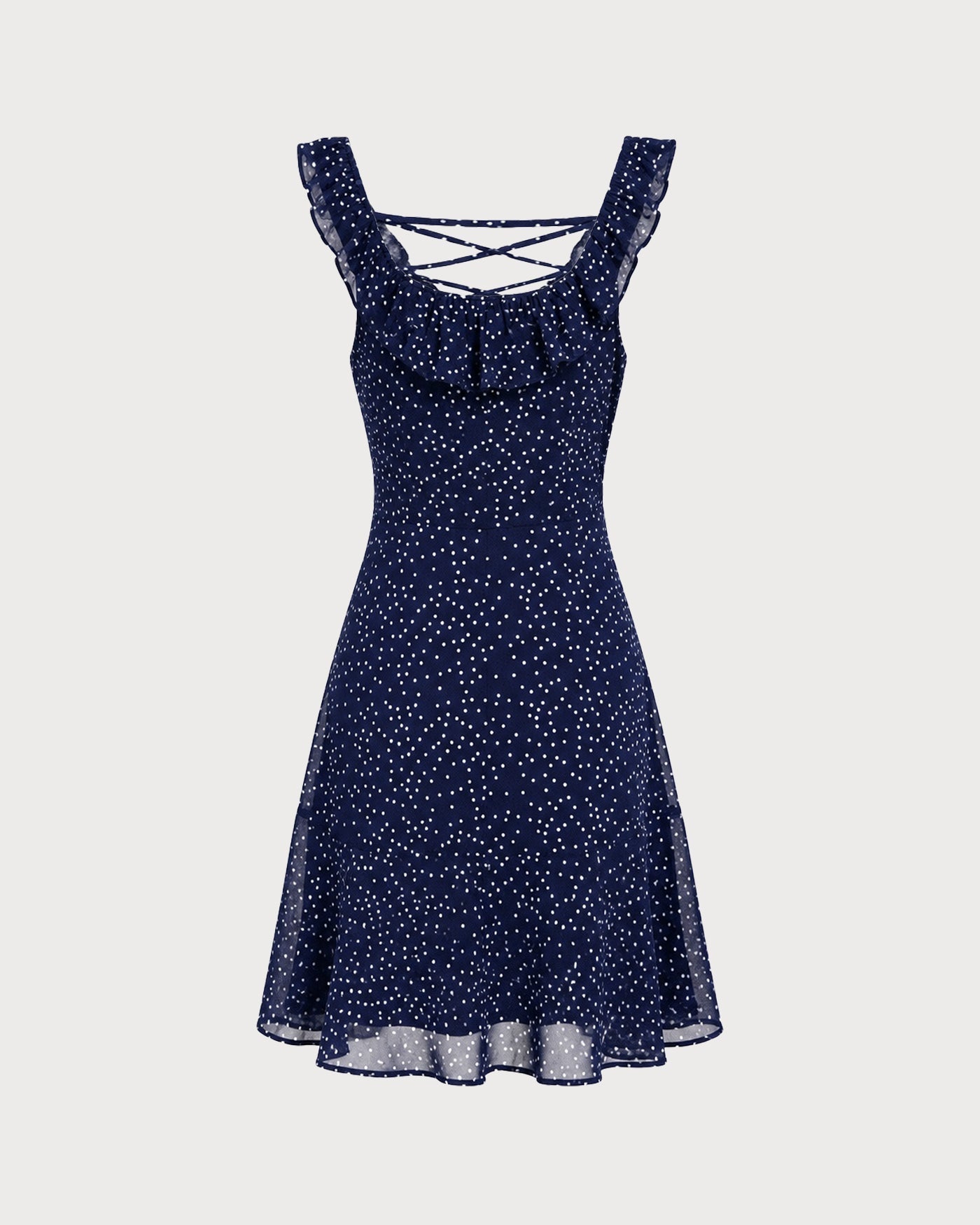 Vestido mini com babados e estampa de poá azul-marinho