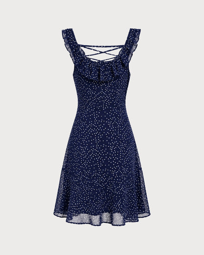 Vestido mini com babados e estampa de poá azul-marinho
