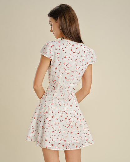 Vestido mini floral de renda marfim com decote em V