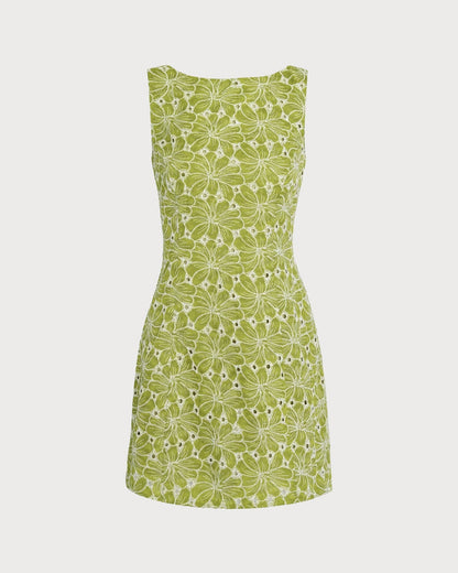 Vestido mini verde com decote canoa e bordado