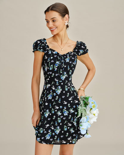 Vestido curto estilo túnica floral com decote em V — Preto