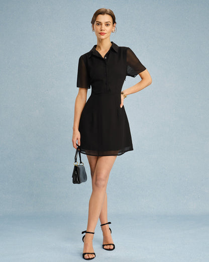 Vestido curto preto com gola abotoada