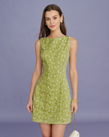 Vestido mini verde com decote canoa e bordado