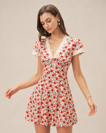 Vestido curto de renda floral com decote em V — Vermelho