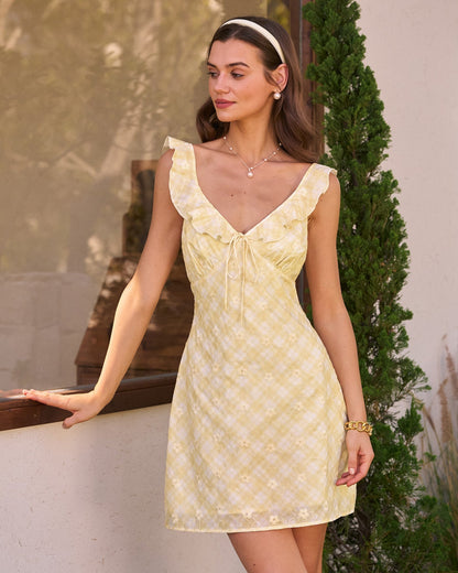 Vestido mini xadrez amarelo sem mangas com babados