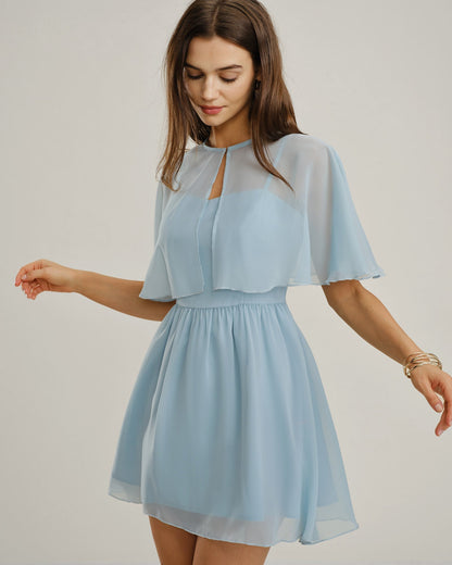 Vestido curto de chiffon com decote coração — Azul