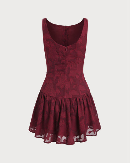 Vestido Mini Evasê em Jacquard Vermelho com Decote Canoa