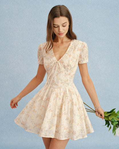 Vestido mini floral com decote em V e amarração — Laranja