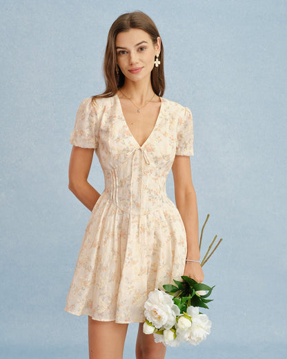Vestido mini floral com decote em V e amarração — Laranja
