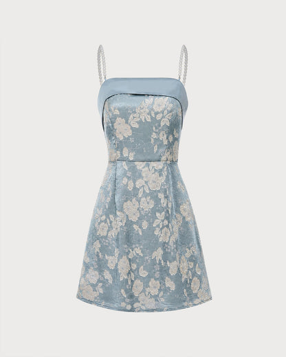 Vestido curto com decote quadrado em jacquard com efeito pérola — Azul