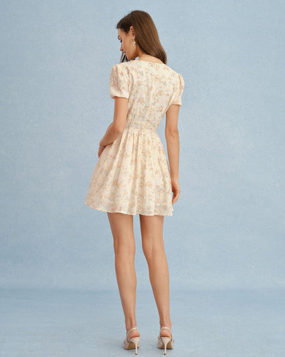 Vestido mini floral com decote em V e amarração — Laranja
