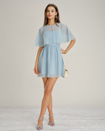 Vestido curto de chiffon com decote coração — Azul