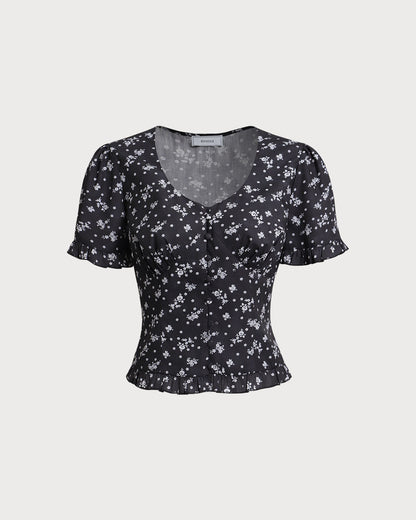 Blusa floral preta com decote em U