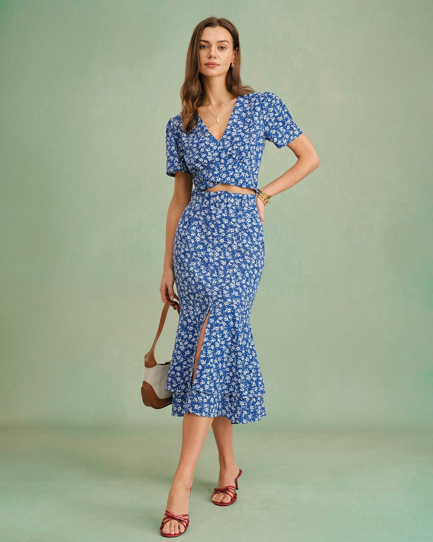 Saia Midi Sereia Floral Azul