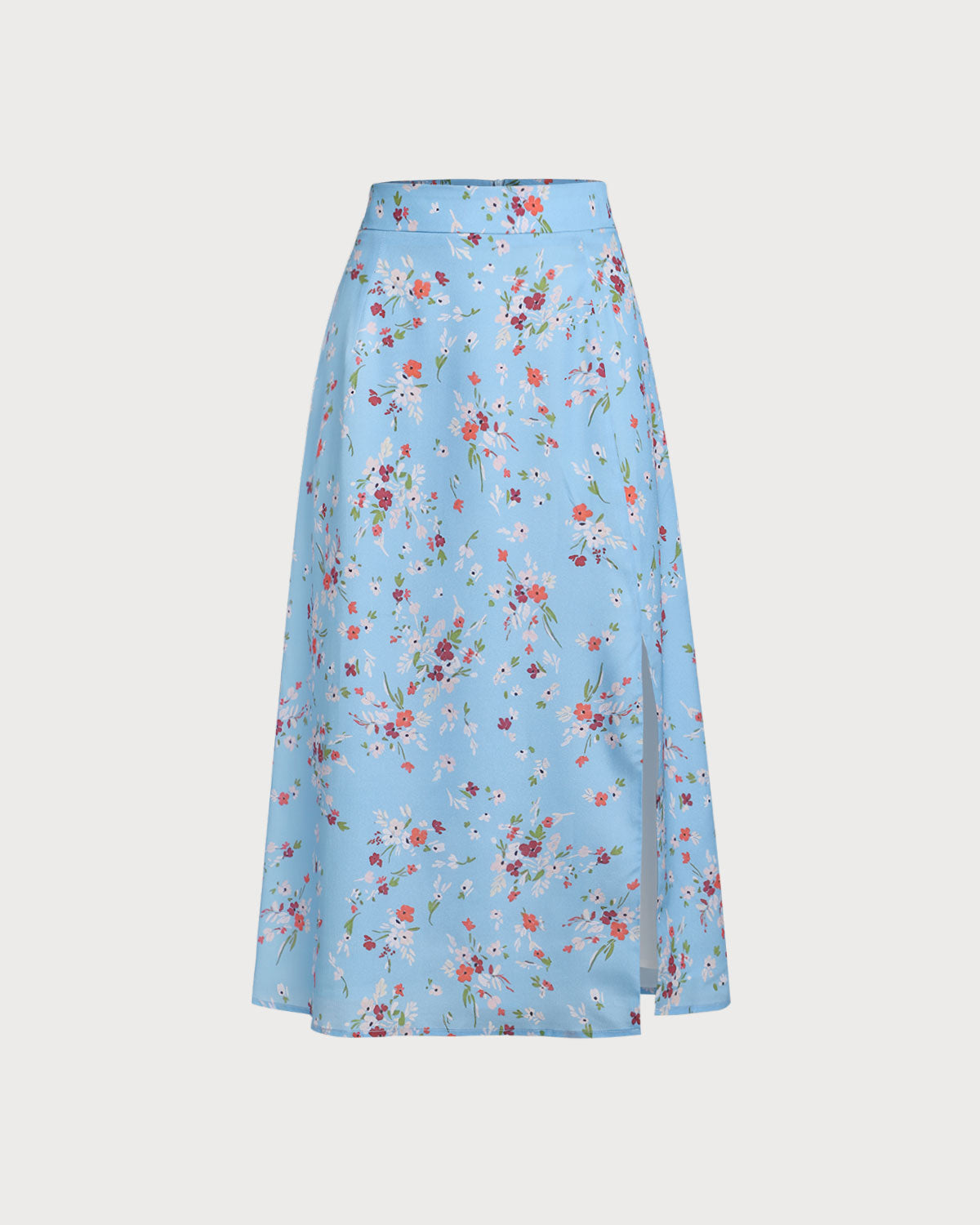 Saia midi evasê floral azul com fenda