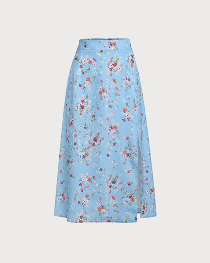 Saia midi evasê floral azul com fenda