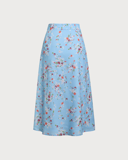 Saia midi evasê floral azul com fenda