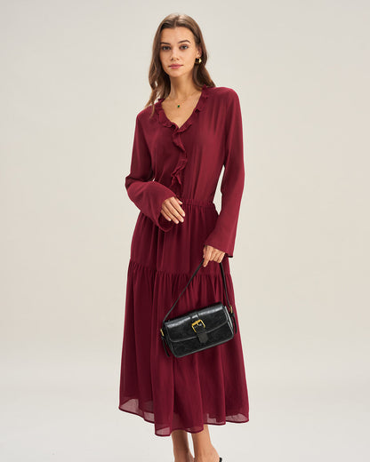 Saia midi evasê em chiffon vinho