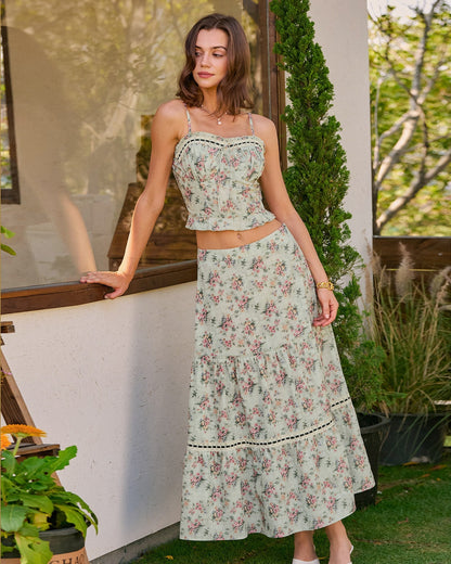 Saia midi evasê floral verde