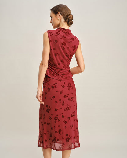 Saia Midi Sereia com Estampa Floral Vermelha