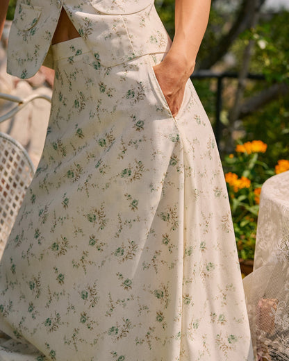 Saia midi floral verde com bolsos