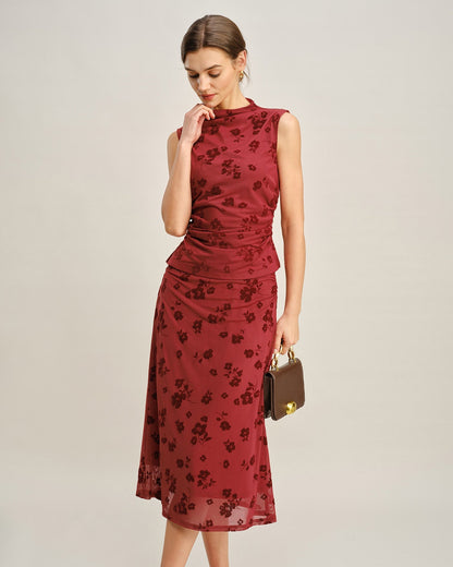 Saia Midi Sereia com Estampa Floral Vermelha