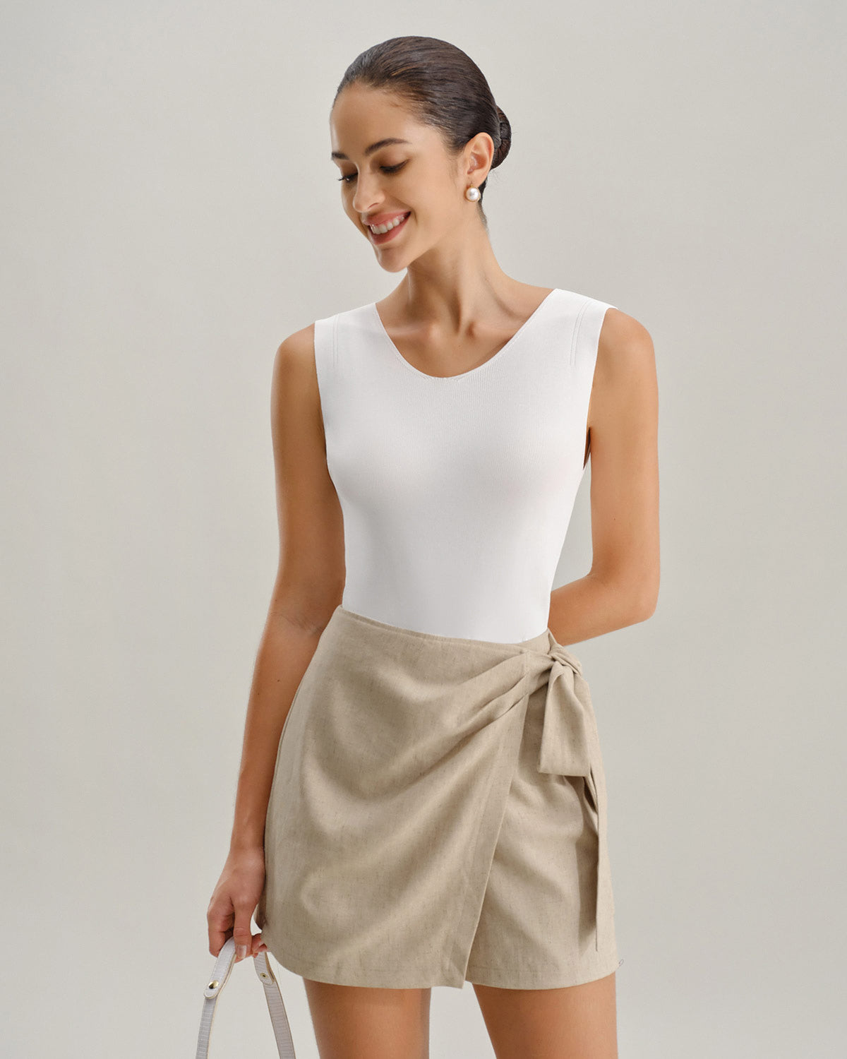 Saia-short evasê com franzido — Caqui