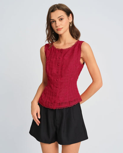 Colete em jacquard com decote redondo — Vermelho