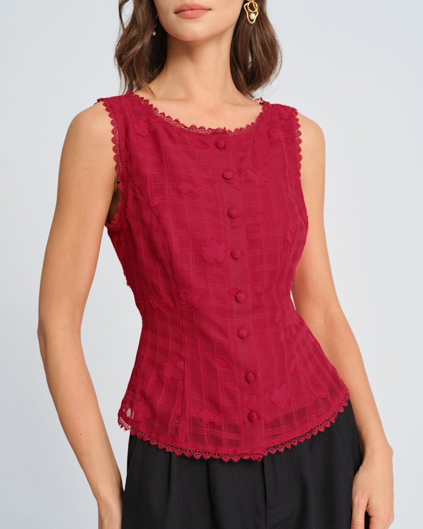 Colete em jacquard com decote redondo — Vermelho
