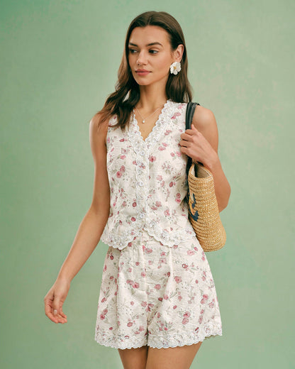 Colete Floral com Decote em V e Abotoamento Simples
