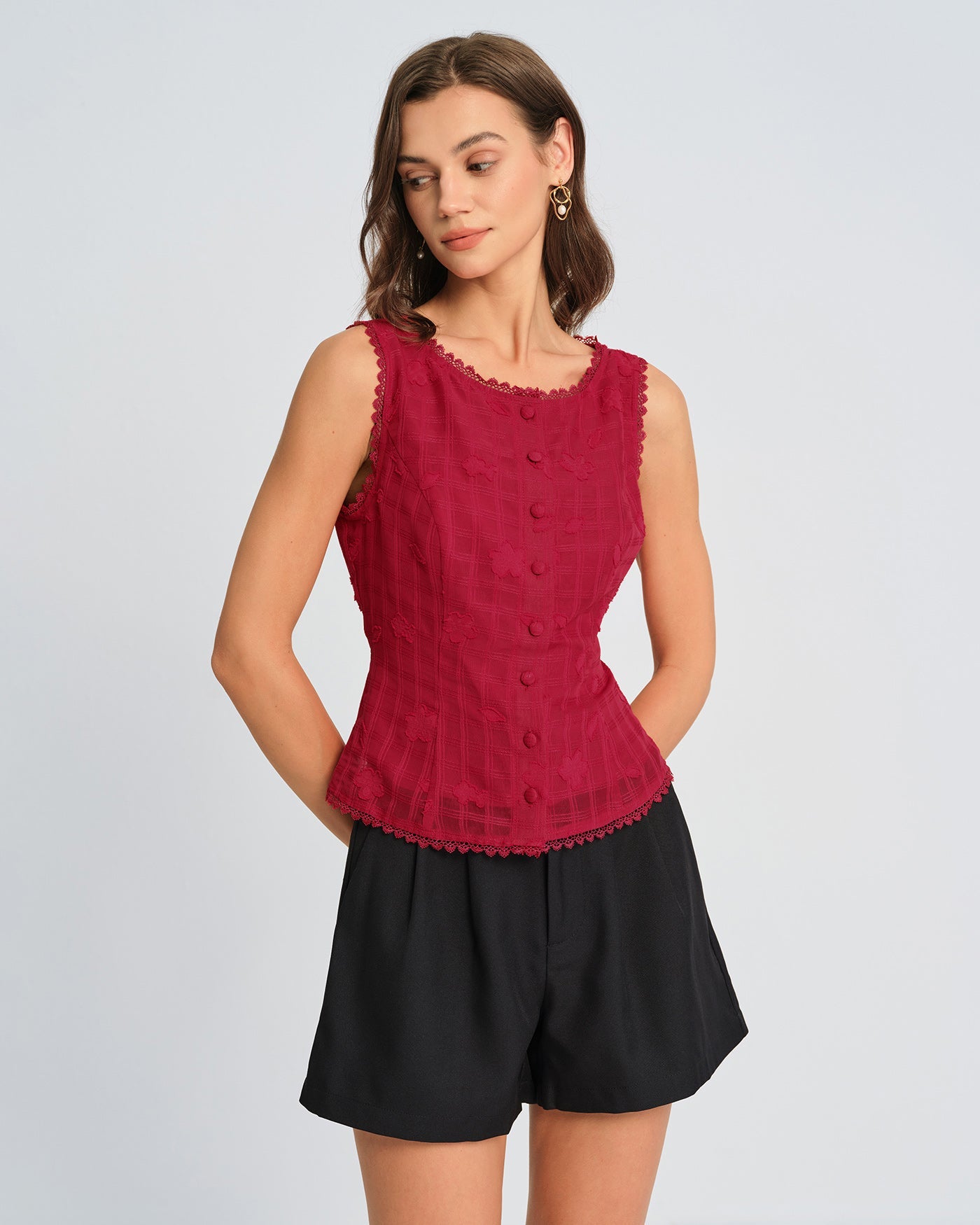 Colete em jacquard com decote redondo — Vermelho