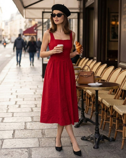 Vestido Midi Vermelho com Decote Quadrado