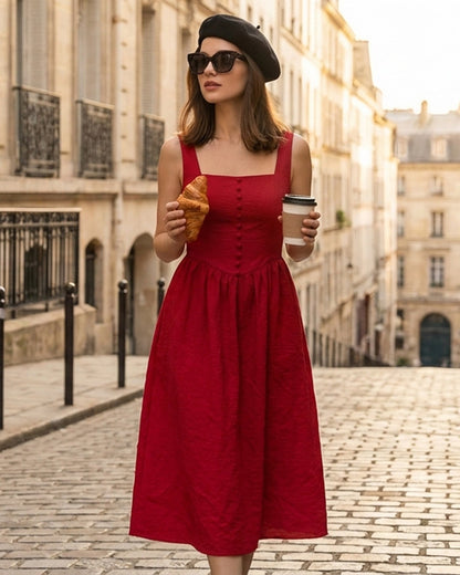 Vestido Midi Vermelho com Decote Quadrado