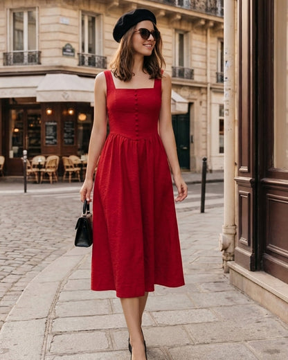 Vestido Midi Vermelho com Decote Quadrado