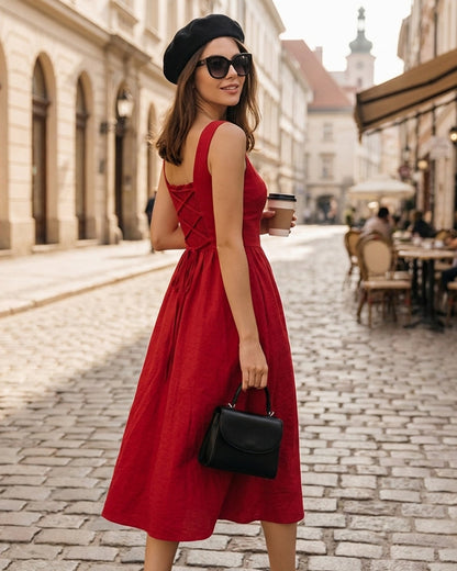 Vestido Midi Vermelho com Decote Quadrado