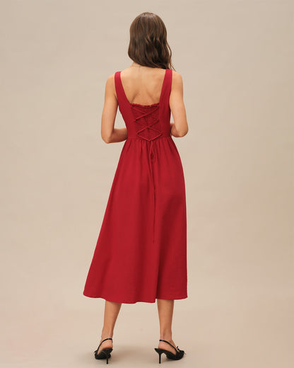 Vestido Midi Vermelho com Decote Quadrado