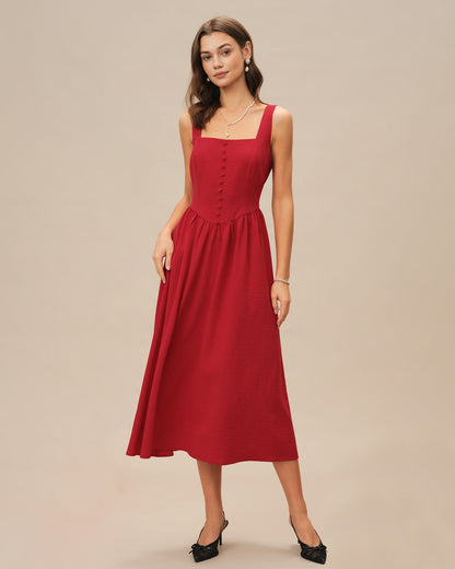 Vestido Midi Vermelho com Decote Quadrado