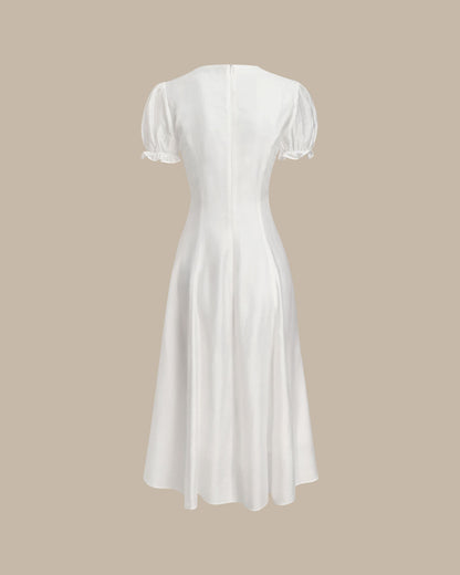 Vestido Midi Branco com Decote em V e Mangas Bufantes
